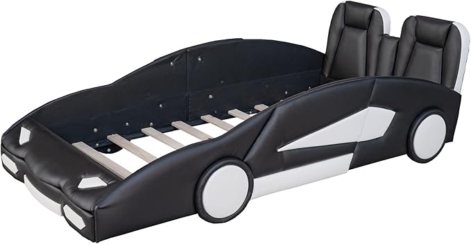 Twin Size Race Car-Shaped Platform Bed Bedframe with Wheels, 89" L x 43.75" W x 27" H Black