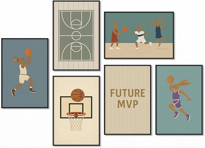 Basketball Canvas Wall Art, Nursery Animal Sports Posters, Bunny Rabbit Athletes Pictures, Positive Quote Print, Kids Bedroom Basketball Court & Hoop Decor 8x12in Wrapped Canvas