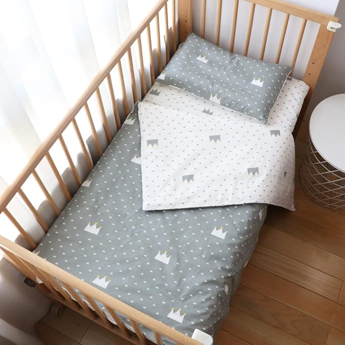100% Cotton Crib Bedding Set for Baby Boys Girls,3 Pcs Baby Bed Linen Include Duvet Cover,Fitted Sheet,Pillowcase,Nursery Decoration,No Filler(Grey)
