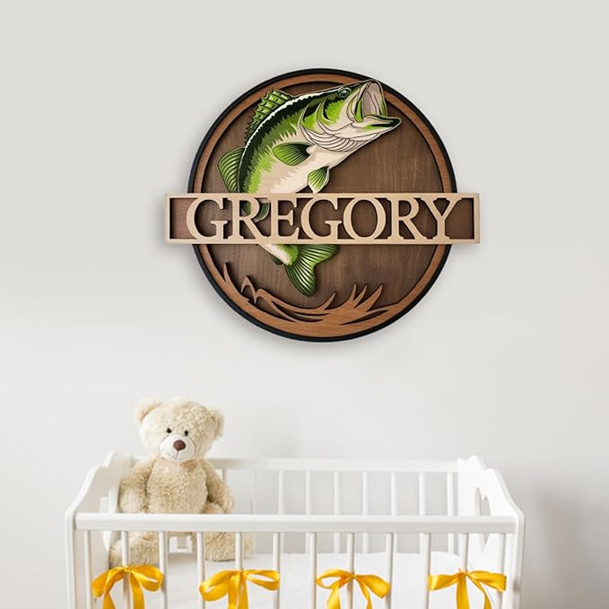 Personalized Nursery Sign, Fishing Wooden Sign with Name, Hello World Newborn Sign, Salmon Sign for Kid Room Decor, Baby Gifts for Boy, Custom Baby Name Sign, Baby Boys Wall Art Bedroom
