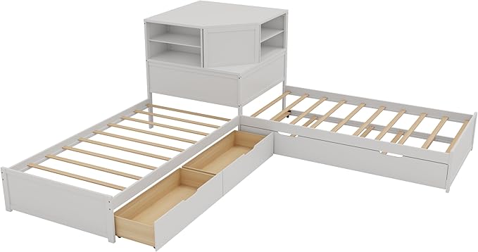Harper & Bright Designs Twin L-Shaped Corner Bed with Trundle, Double Twin Beds in One, 3-in-1 Platform Bed with Built-in Nightstand and LED Light for 2 Kids