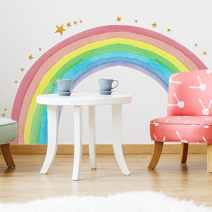 Large Watercolor Rainbow Wall Stickers, Star Colorful Peel and Stick Wall Decals, Baby Room Nursery Kids Bedroom Art Wall Decor