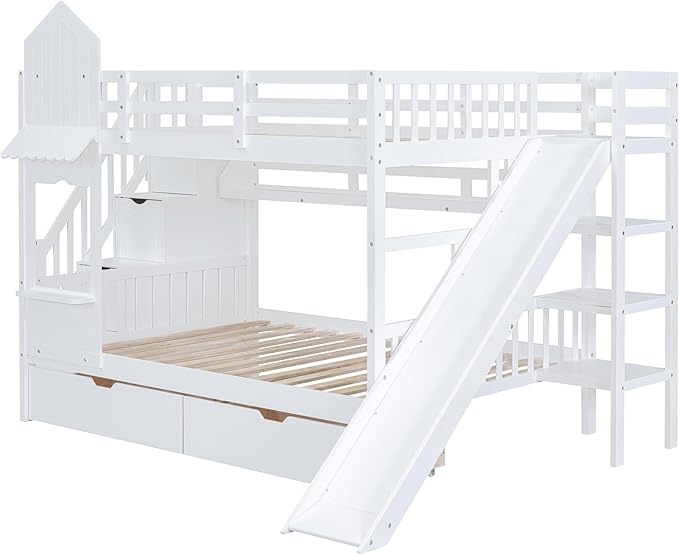 Full-Over-Full Castle Style Bunk Bed with 2 Drawers and 3 Shelves, Wood Bunk Bed Frame with Slide and Storage Staircase for Kids Teens Boys Girls, Maximize Space Savings (White +Full-3)