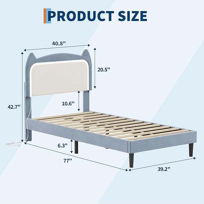 Twin Princess Bed Frame for Girls with LED Lights & Heavy-Duty Bed Leg Supports - Blue Velvet Upholstered Cat Headboard Platform Bed - Enhanced Stability, No Box Spring Needed, App/Remote Control