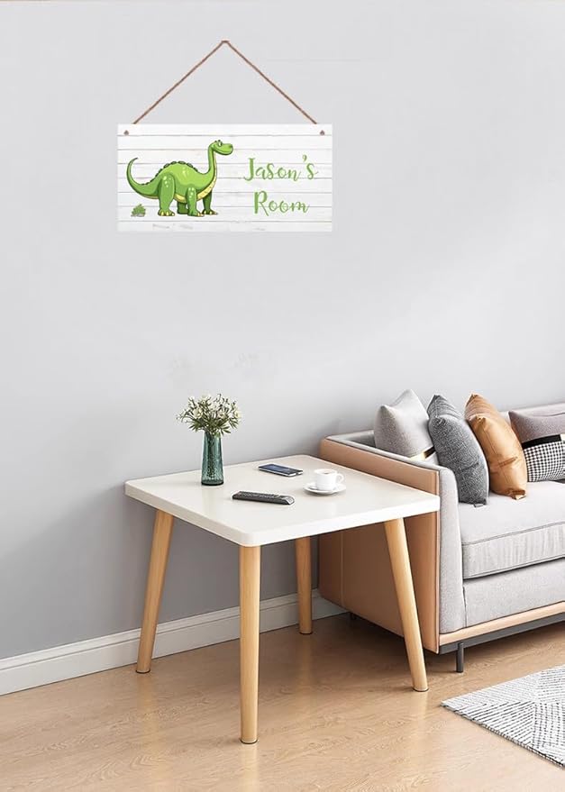 Personalized Dinosaur Sign, Cute Cartoon Art For Kids Room Custom Name Door Wall Decor, Floral Nursery Art Plate For Boys Room Girls Bedroom Little Man Cave