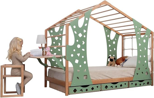 BUSY WOOD Monkey Bed – Twin Frame with Storage & Foldable Table – Montessori Indoor Playground – Jungle Gym Furniture for Kids – Toddler Sleeping Frame with 3 Drawers