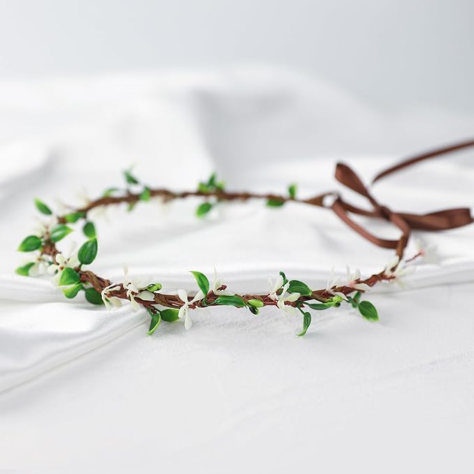 Handmade White Flower Crown Fairy Wreath Women Girls Flower Headband for Bridal Weeding Headdress Fairy Green Leaf Headpiece Cosplay Photo Prop