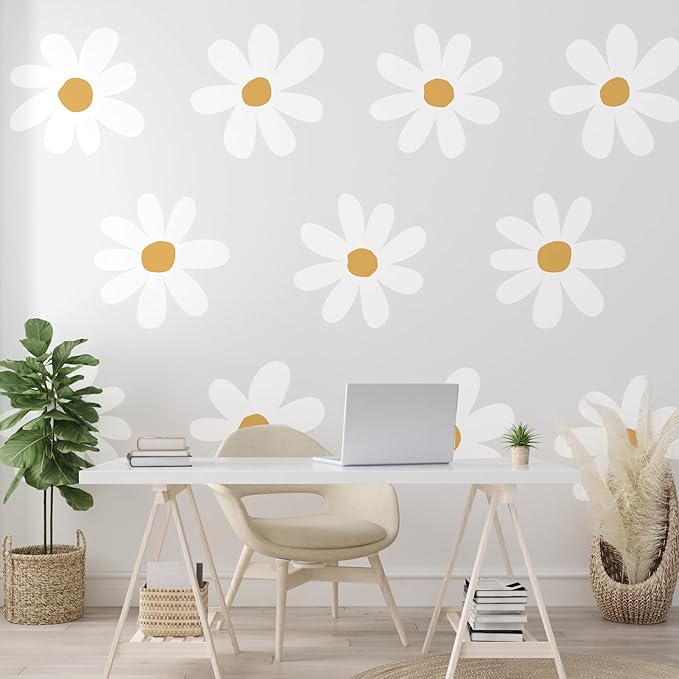 TaoBary 12 Sheets Daisy Wall Decal Flower Wall Sticker Cute Daisy Sticker Pink White Flower Decal Peel and Stick Floral Wallpaper for Nursery Bedroom Home Decor(White, Yellow,Vintage Style)