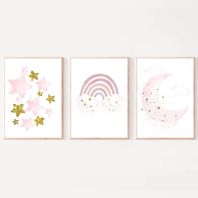 LUHDFYS Pink Moon and Stars Canvas Wall Art Print,Modern Cute Rainbow Picture,Unframed Children's Room Decor