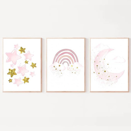 LUHDFYS Pink Moon and Stars Canvas Wall Art Print,Modern Cute Rainbow Picture,Unframed Children's Room Decor