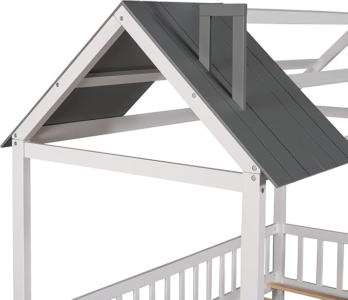 Merax Twin House Bed for Kids,Wood Twin Bed Frame House-Shaped Bed Platform Bed Frame with Roof Windows and Full-Length Safety Rails White+Grey