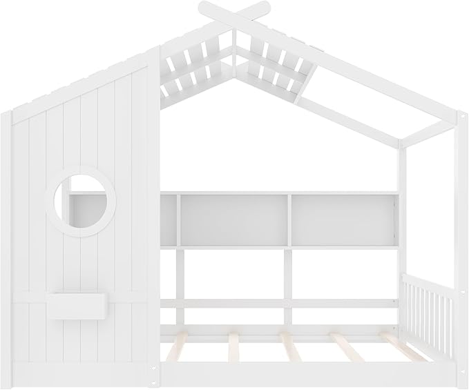 Full Size House Bed with Storage Shelves for Kids,Kids Montessori Floor Bed, Cute Wood House Bed Frame Full with Roof for Girls,Boys,Can be Decorated,White