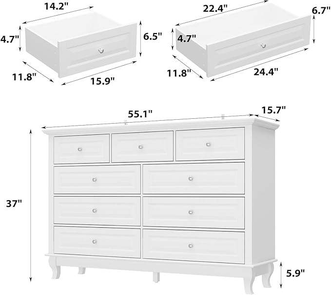 Chest of Drawers 9 Drawer Dresser for Bedroom, Modern White Dresser with Silver Knobs, Wide 9 Drawer Chest with Wood Legs for Bedroom Living Room, 15.7”D x 55.1”W x 37”H