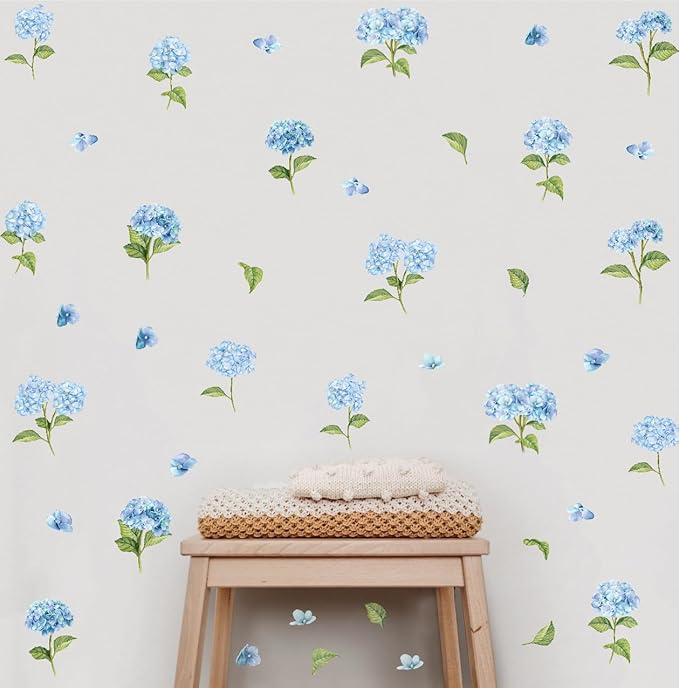 Watercolor Blue Hydrangea Wall Stickers, Blossom Floral Vinyl Wall Decals, Removable Flower with Green Leaves DIY Wall Art for Bedroom Living Room Decor