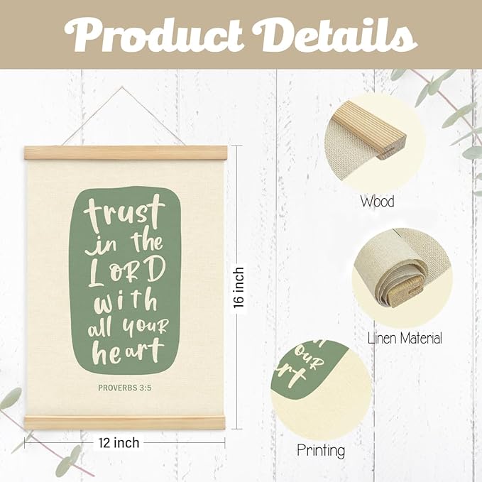 PLKMN Proverbs 3:5-6 Trust in the Lord With All Your Heart Wall Art, Wooden Poster Hanger, Bible Verses Decor, Christian Home Room Decor, 12x16 Inch