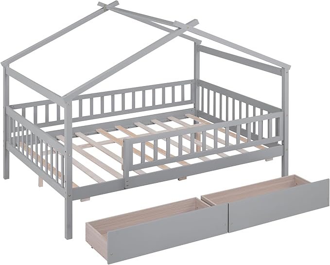 Full House Bed with 2 Storage Drawers, Kids Full Bed Frame with Rails and Roof, Tent Bed, Wooden Full Daybed, Full Montessori Bed for Kids Teens Girls & Boys, No Box Spring Needed (Gray)