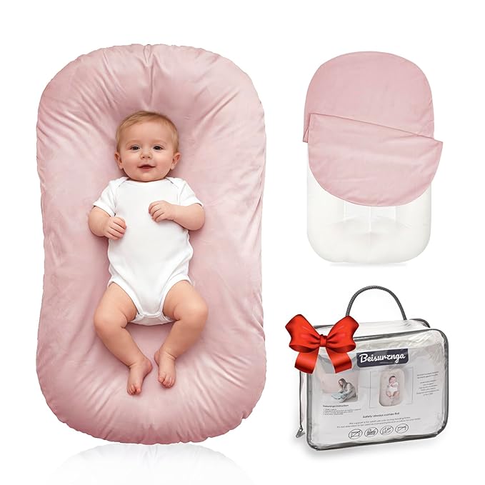 Baby Lounger for Newborn - Snuggle Cozy Me Lounger | Breathable Soft Cotton, 0-24 Months Portable Playtime Baby Nest, Newborn Baby Essentials Gifts- Pink (1 Lounger + 1 Cover)