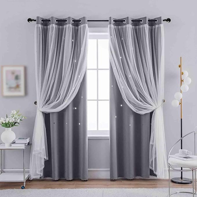 Anytime Romantic Kids Curtain,Hollow-Out Stars Window Curtain Double Layer Blackout Curtains for Girls Bedroom Kids Room 2Panel,(W52 x L72,Grey)