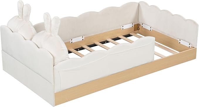 Twin Size Upholstered Platform Bed with Safety Guardrail and Cute Rabbit Ear Shaped Pillows, Velvet Fabric Montessori Kids Floor Bed with Pocket and Sturdy Slats Support (Beige-9.25)
