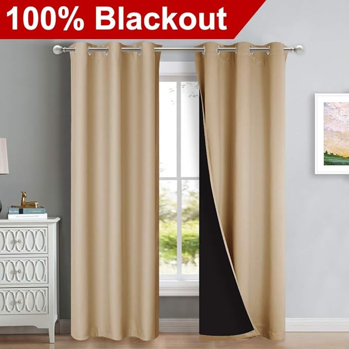 NICETOWN Living Room Completely Shaded Draperies, Privacy Protection & Noise Reducing Black Lined Insulated Window Treatment Curtain Panels for Patio Door (Set of 2 PCs, W42 x L84, Biscotti Beige)