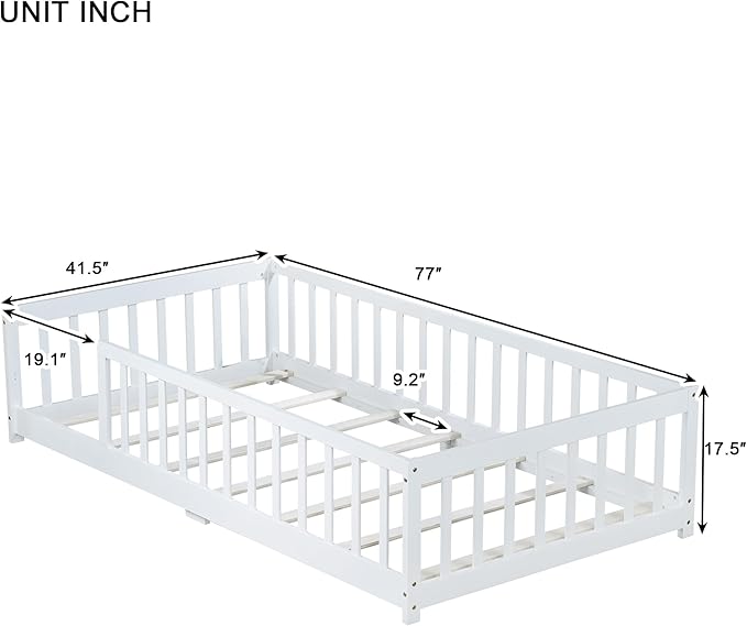 Twin Size Kids Montessori Floor Bed,Twin Floor Bed Frame with Slats,Solid Wood Twin Bed Frame for Girls Boys,White