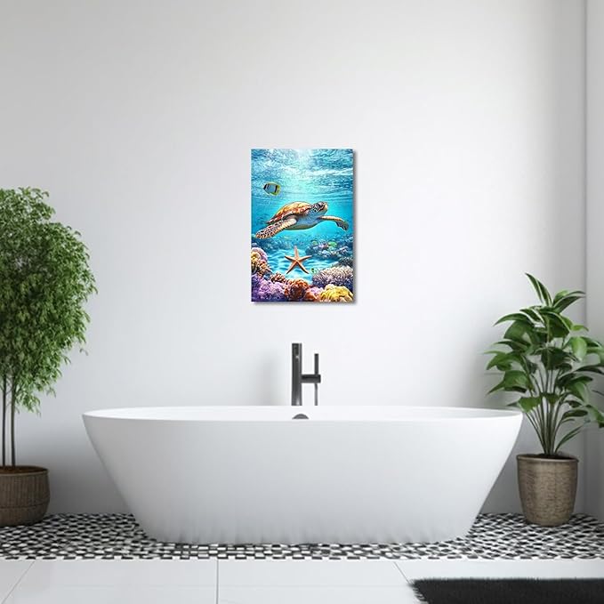 AWPANERAR Sea Turtle Wall Art Bathroom Pictures Watercolor Sea Life Canvas Prints Ocean Animal Poster Nautical Theme Artwork for Kids Room Nursery Decor Framed (Green, (42L x 28W))