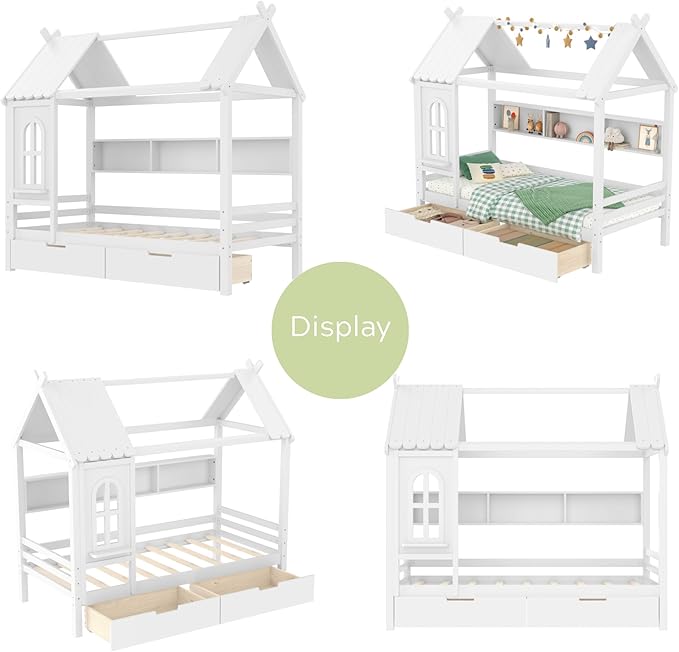 Twin House Bed with Drawers and Window, Solid Wood House Platform Bed with Shelves, Twin Bed Frame with House-shaped Roof for Kids, Boys, Girls, No Box Spring Needed and Childlike Design, White