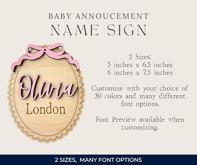Personalized Baby Name Announcement Sign with Bow, Custom Wooden Name, Scalloped Edge Newborn Photo Prop & Nursery Keepsake (Name Sign)