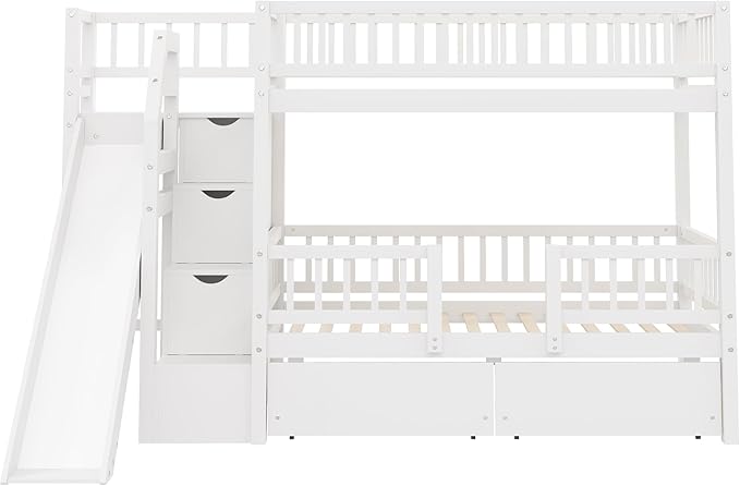 Twin Over Twin Bunk Bed with Storage Staircase, Solid Wood Bunk Bed Frame with Slide and 2 Drawers for Kids Teens Adult Bedroom, No Box Spring Needed (White/63r)