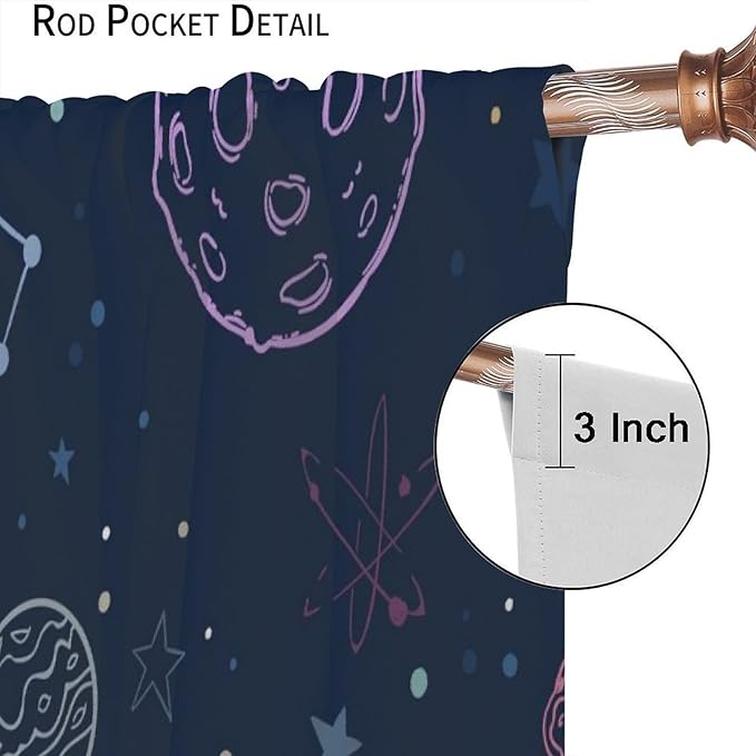 Navy Blue Space Curtains, Cartoon Outer Space Stars Planets Theme Galaxy Curtains for Kids Teens Bedroom Nursery Toddlers Room 84" W X 84" L