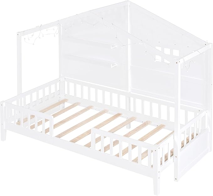 Merax Twin Size House Bed with Shelves, House Bed with Window and Sparkling Light Strip on The Roof, White