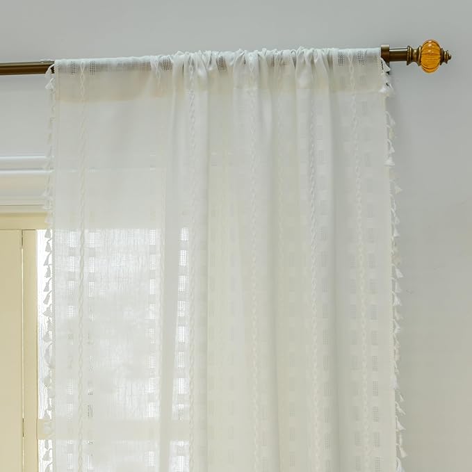 Deeprove Cream White Boho Curtain 96 inches Length for Living Room Bedroom Nursery Laundry Room, Bohemian 96 inches Long, Shabby Chic Country Rustic Embroidered Window Decor W52 x L96, 1 Panel
