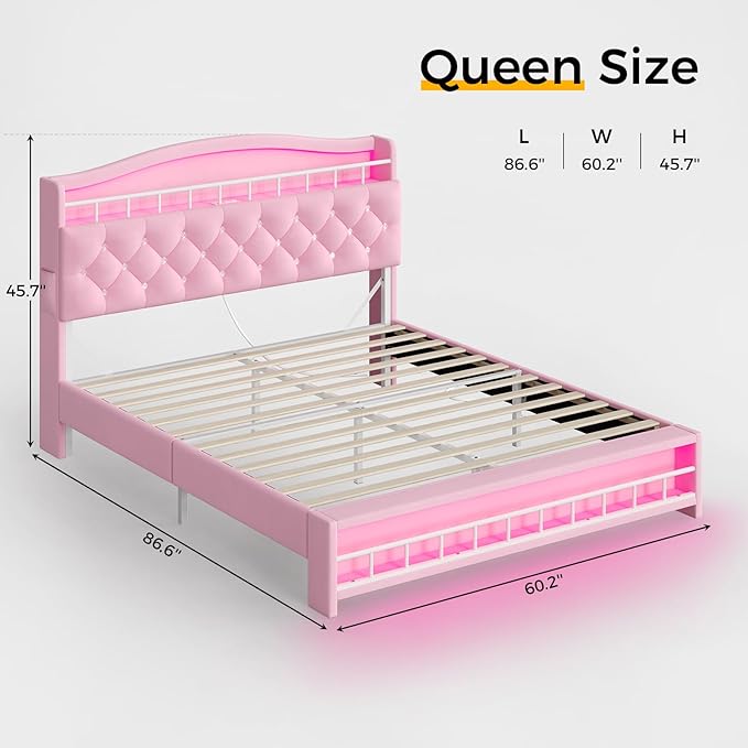 BTHFST Queen Szie Girls Bed with LED Lights & Charging Station, Princess Queen Size Bed Frame with Hidden Storage Headborad, Sturdy Platform Bed, No Box Spring Needed/Noise-Free/Easy Assembly, Pink