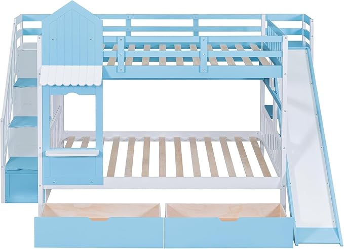 MERITLINE Full Over Full Castle Bunk Bed with Slide,Stairs and Drawers,Solid Wood Floor House Princess Bunk Bed with Storage Shelves (Blue,Full Over Full)
