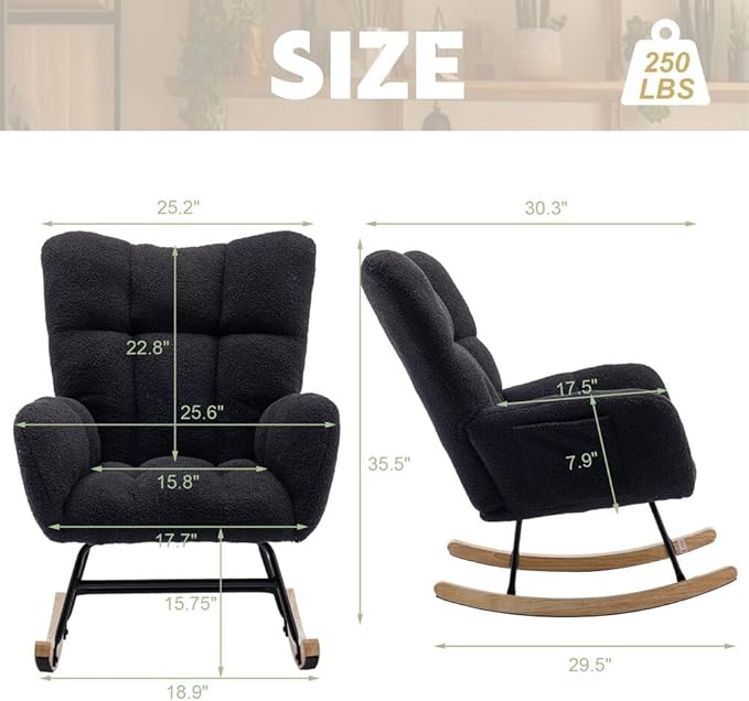 Nursery Rocking Chair Teddy Upholstered Glider Rocker Rocking Accent Chair with High Backrest Armchair Comfy Side Chair for Living Room, Bedroom, Offices (Black)