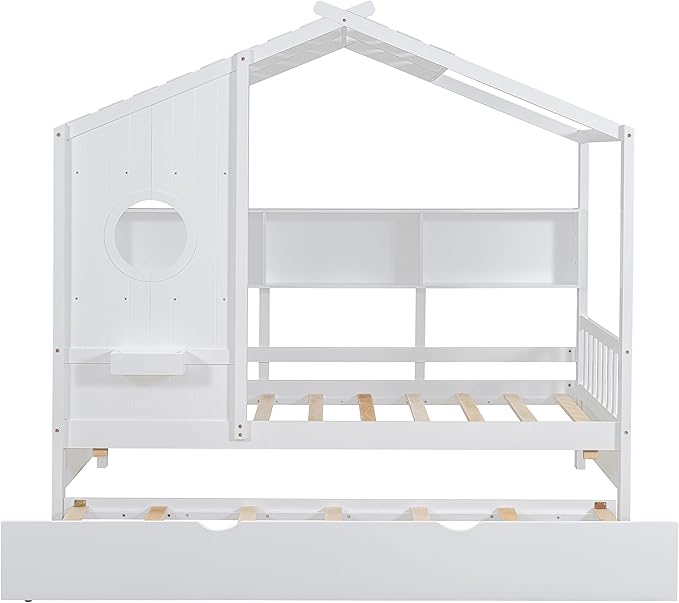 Bellemave Twin Size House Bed with Trundle for Kids,Twin Kids Bed Frame with Storage Shelves,Solid Wood House Bed Frame for Girls,Boys,Can be Decorated,White