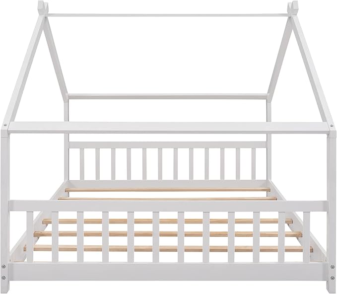 Ball & Cast Full Size Floor Bed,Low to Ground Design Montessori Bed with Roof,Toddler House Bed Frame W/Slats,No Box Spring Needed,for Girls Boys,White