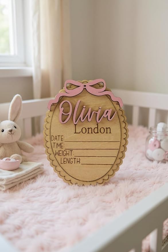 Personalized Baby Announcement Sign with Bow, Custom Wooden Name, Birth Stat Plaque – Scalloped Edge Newborn Photo Prop & Nursery Keepsake (Stat Sign)