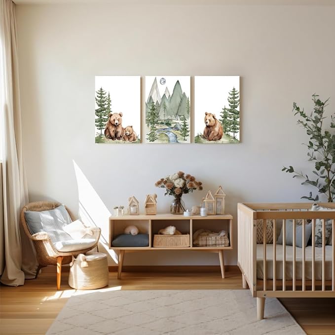 Baby Bear Nursery Wall Art, Cute Bears Wall Decor, Watercolor Green Mountain Forest Wall Art, Woodland Camping Nursery Decor Print, Nature Art for Boy Girl Toddler Bedroom, Framed Canvas, 12"x16"x3