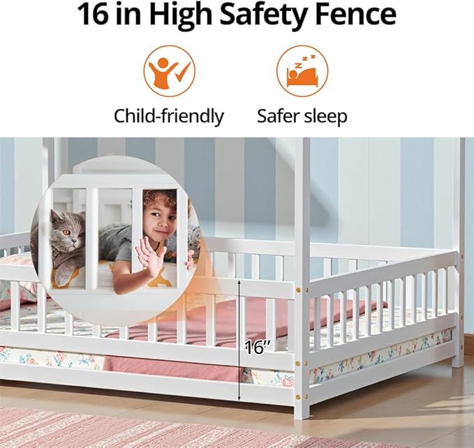 LLS Full Size Floor Bed Frame with Roof Fence, Wooden Montessori House Bed for Boys Girls Bedroom, White Without Slats