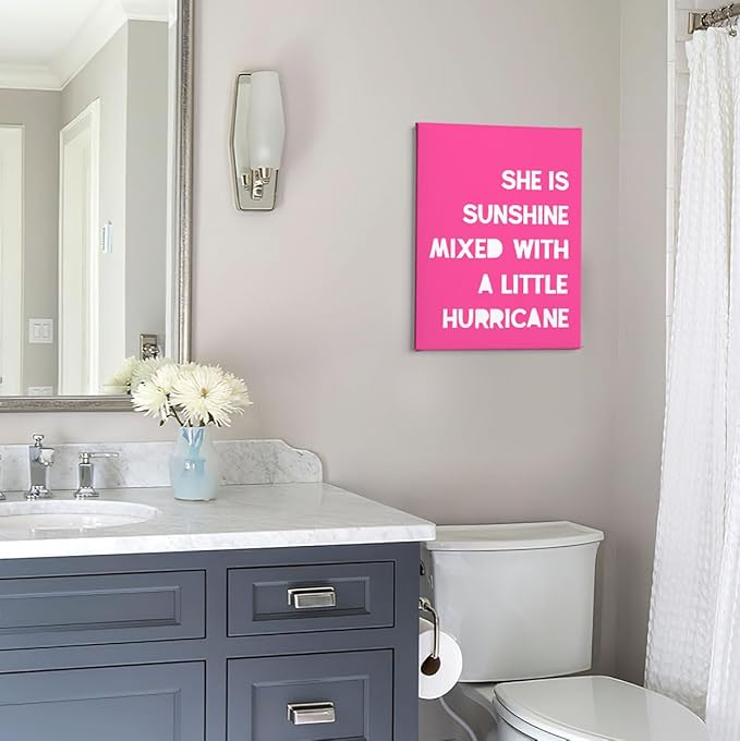 PHAMTE Girls Bedroom Wall Decor, She Is Sunshine Mixed With a Little Hurricane Girls Room Wall Art,Sunshine Print Framed Canvas Painting Artwork Girl Room Bedroom Home Nursery Playroom（Pink）