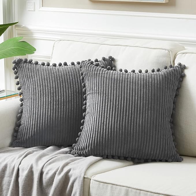 Fancy Homi Pack of 2 Dark Gray Decorative Throw Pillow Covers 16x16 Inch with Pom-poms for Couch Bed Bedroom, Soft Corduroy Solid Square Cushion Case 40x40 cm, Farmhouse Boho Home Décor