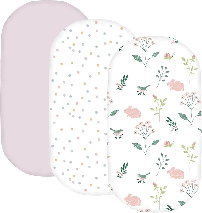 Little Grape Land Bassinet Sheets for Baby Boys Girls 3 Pack, 33" x 18" Extra Soft Breathable Fitted Bassinet Sheets, Bedside Sheets Fit for Oval Rectangle and Hourglass Bassinet Mattress (Bunny)