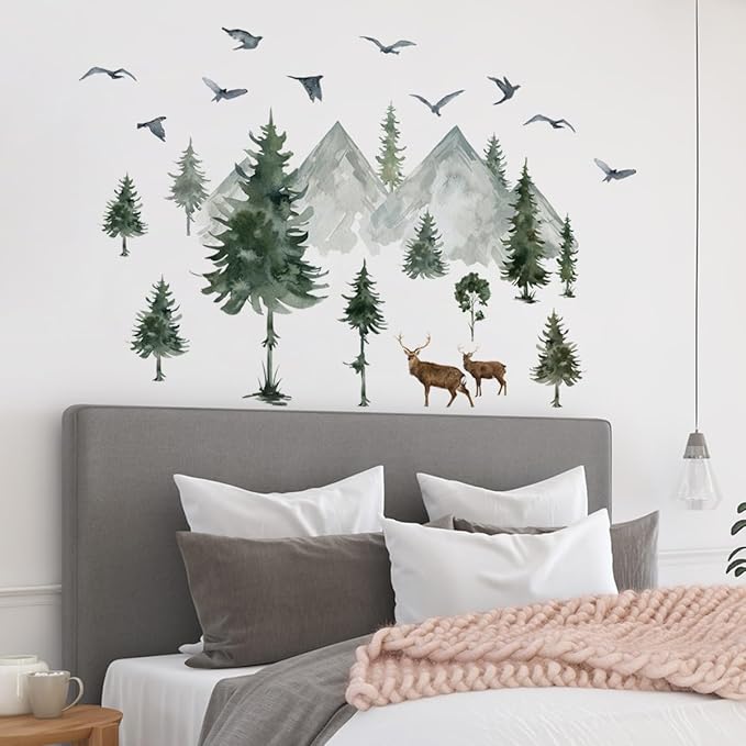 Watercolor Mountain Pine Tree Wall Decals Forest Tree Woodland Deer Birds Wall Stickers for Kids Bedroom Newsery Living Room Wall Decor
