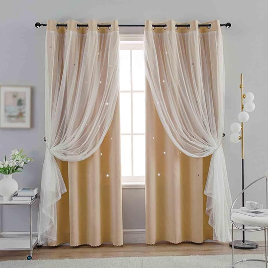 Anytime Romantic Kids Curtain,Hollow-Out Stars Window Curtain Double Layer Blackout Curtains for Girls Bedroom Kids Room 2Panel,(W52 x L72,Beige)