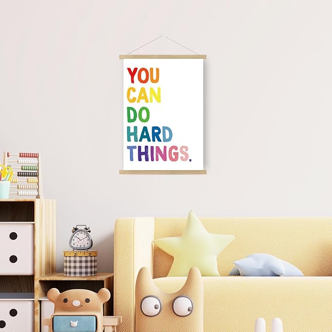 Qswo Positive Affirmations Wall Decor,You Can Do Hard Things Wall Art Poster Hanger Frame,Inspirational Hanging Canvas Wall Decor for Kids Room Nursery Classroom