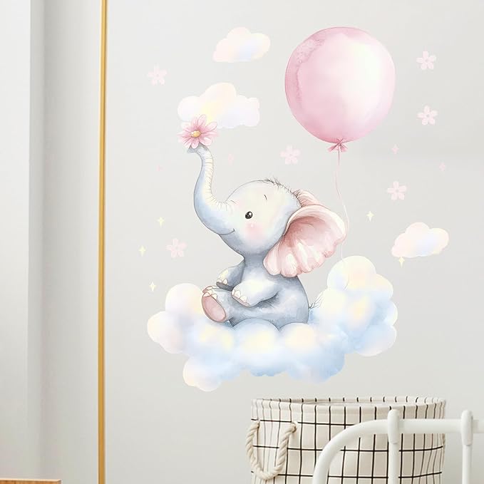 Baby Elephant Cloud Wall Decals Removable Cartoon African Animal Vinyl Stickers for Nursery Kids Bedroom and Playroom Decor Peel and Stick Watercolor Wall Art