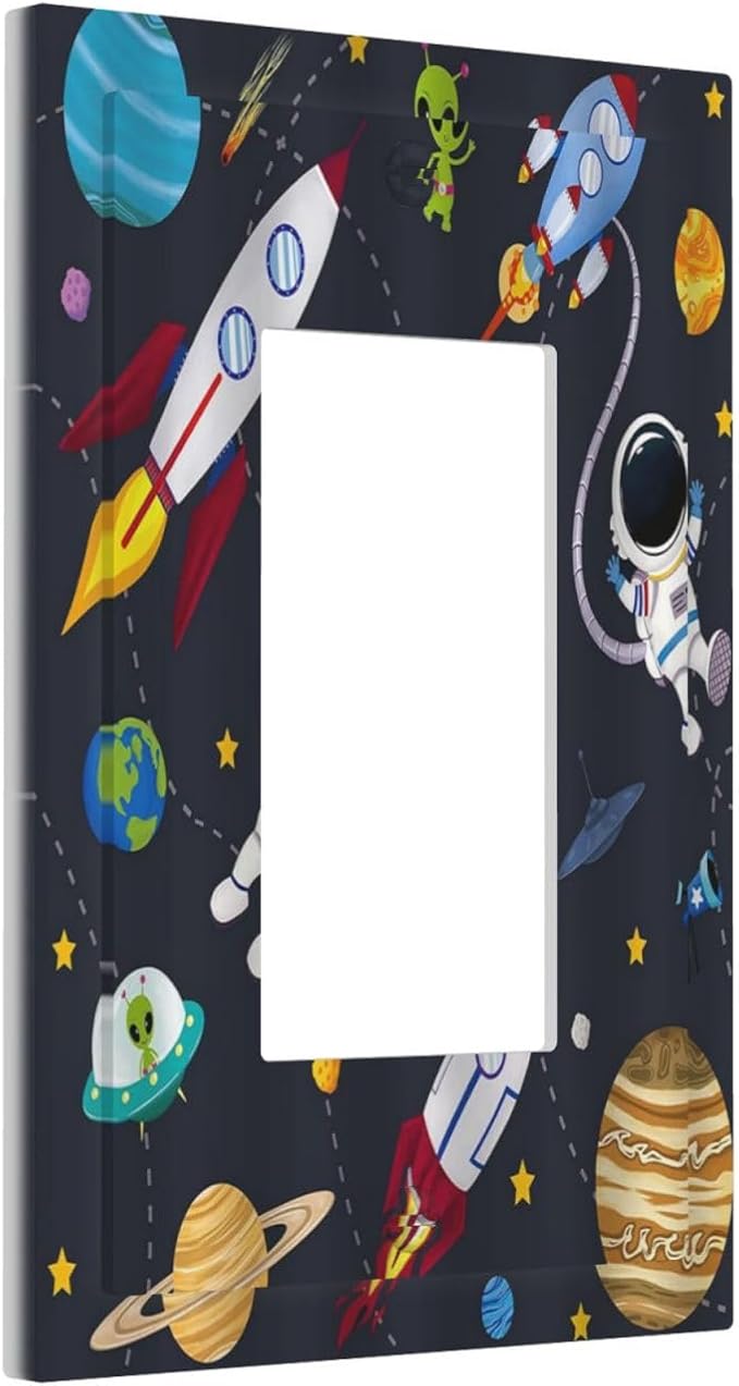 Rocket Planets Astronaut Blue Decorative Single Rocker Light Switch Covers 1 Gang Outlet Cover Wall Plate Decorative GFCI Switchplate Faceplate for Nursery Kidsroom Bedroom Decor