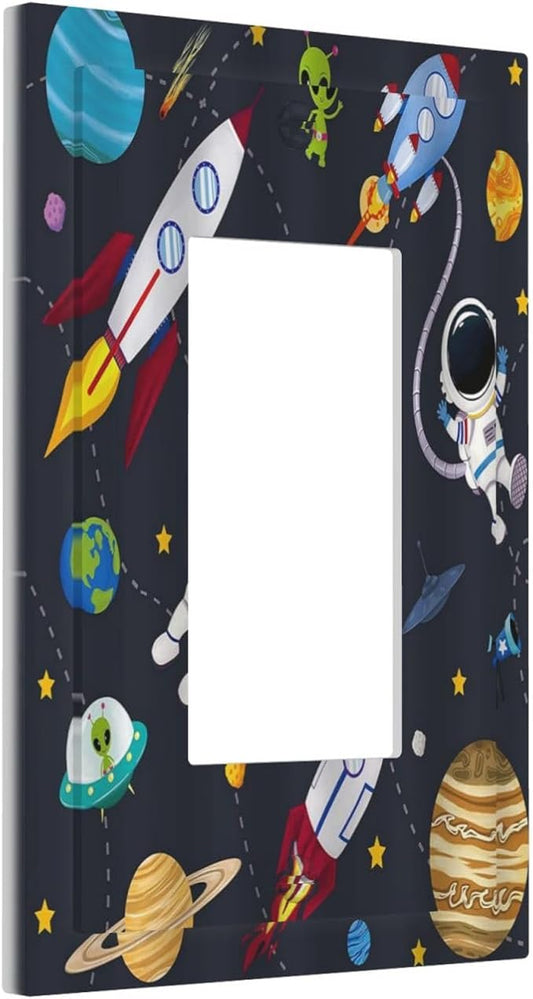 Rocket Planets Astronaut Blue Decorative Single Rocker Light Switch Covers 1 Gang Outlet Cover Wall Plate Decorative GFCI Switchplate Faceplate for Nursery Kidsroom Bedroom Decor