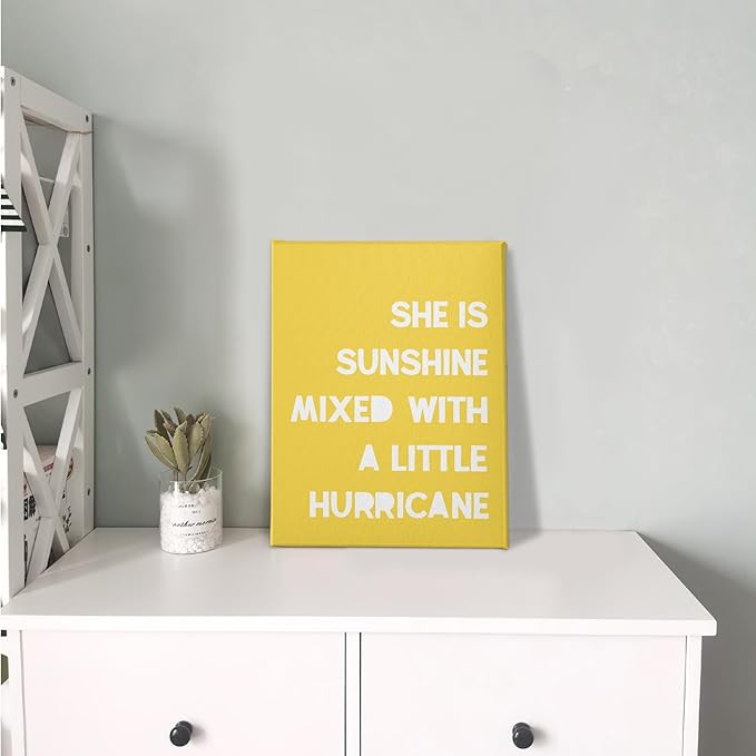 PHAMTE Girls Bedroom Wall Decor,She Is Sunshine Mixed With a Little Hurricane Girls Room Wall Art,Sunshine Print Framed Canvas Painting Artwork Girl Room Bedroom Home Nursery Playroom 11x14 (Yellow)